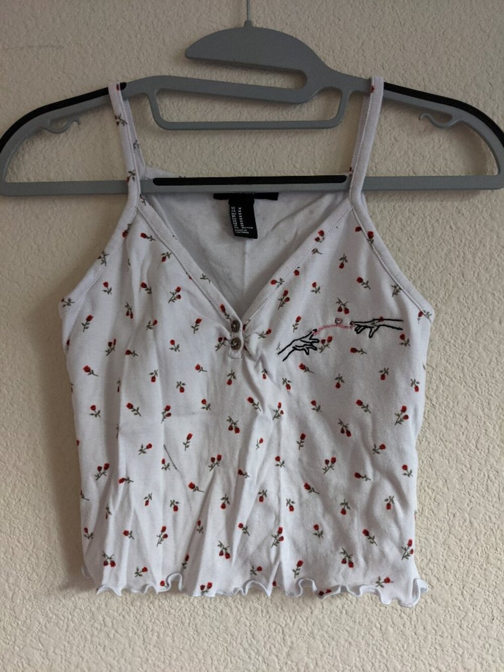 Embroidered Red String of Fate Cherry White Vneck Spaghetti Tank Top Medium M